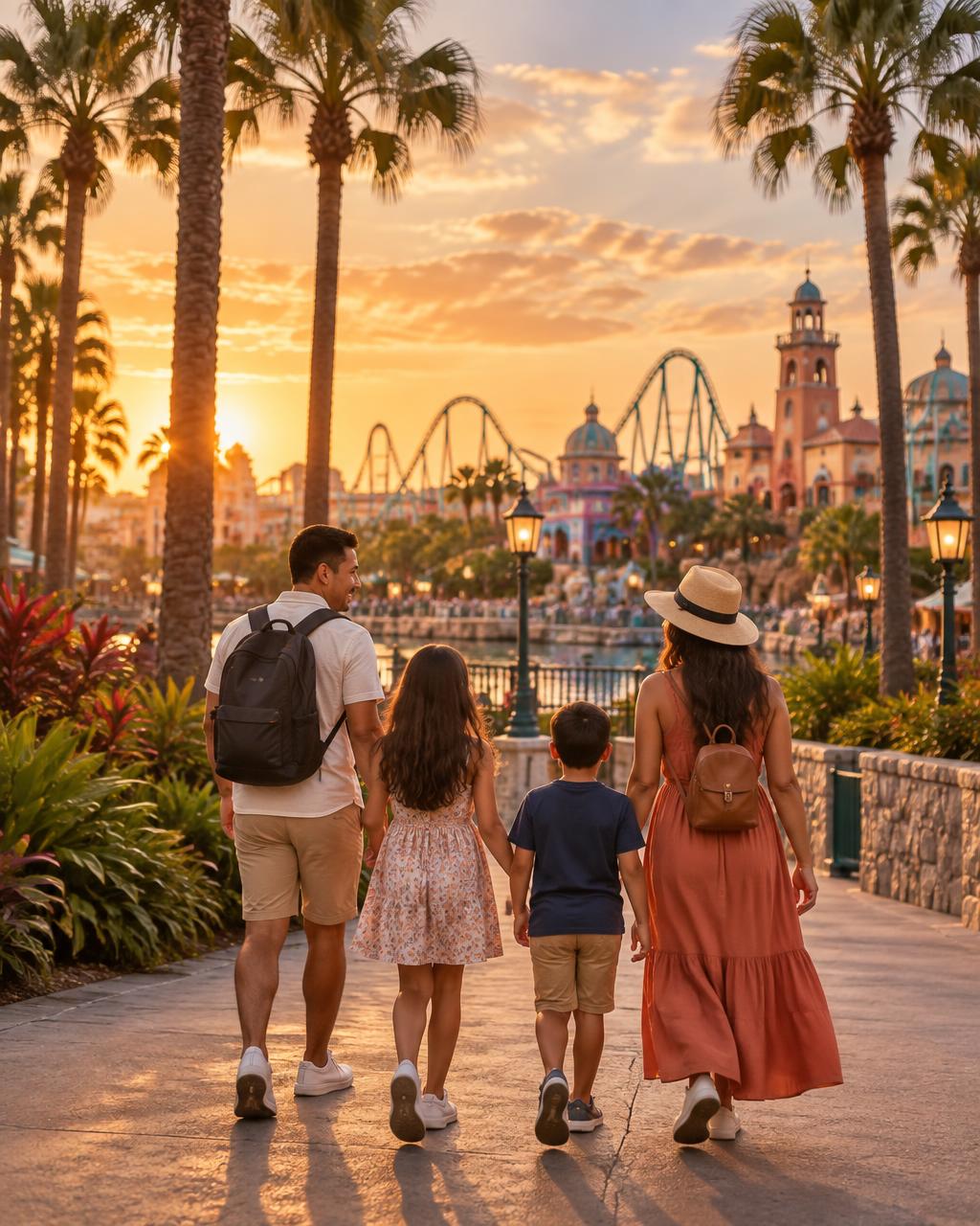 Familia disfrutando de un atardecer en un parque de Orlando